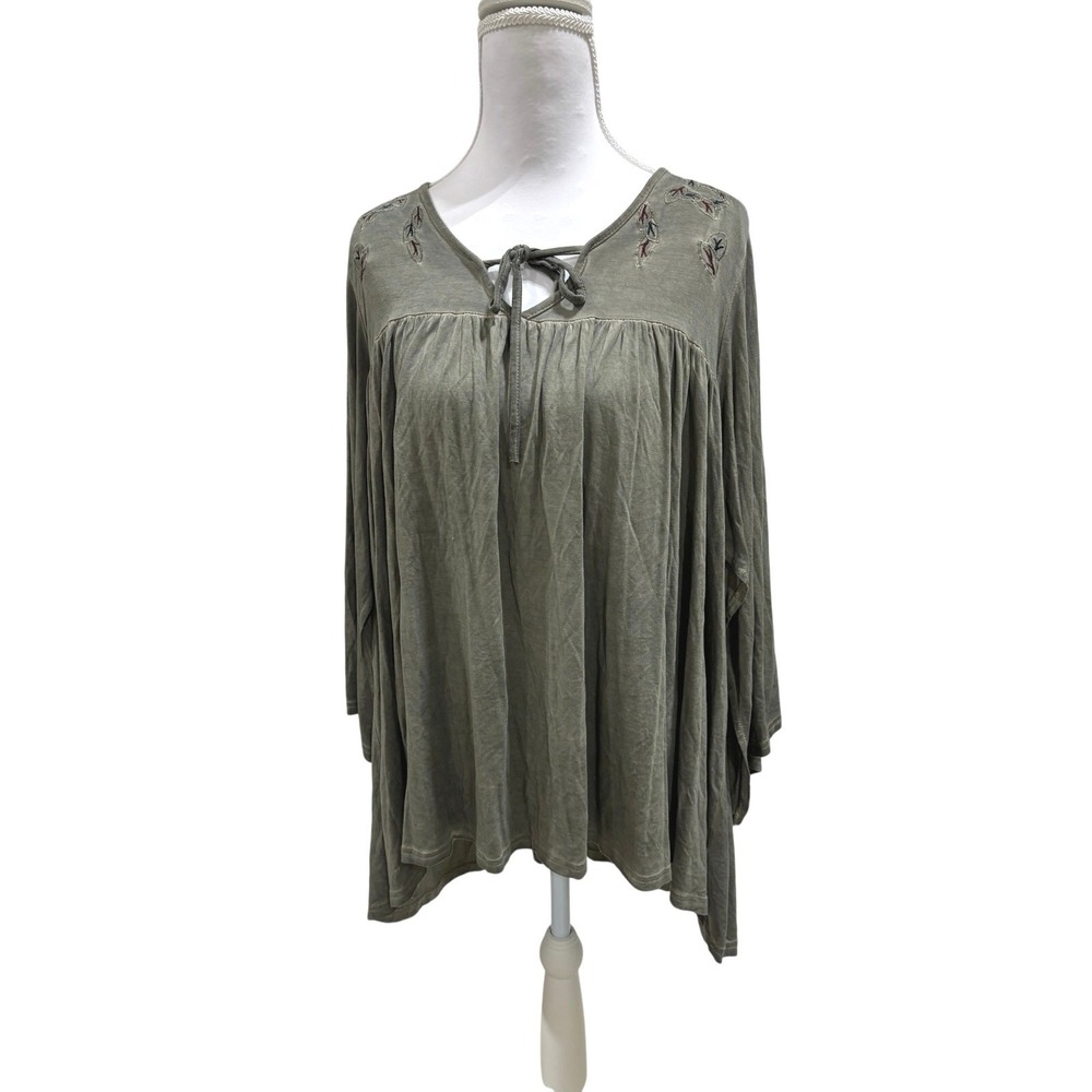 POL Olive Green Embroidered Open Back‎ Babydoll Tunic Top Small Boho Bell Sleeve - Picture 2 of 10
